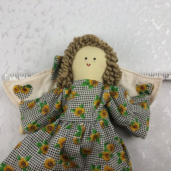 Vintage Cloth Doll Angel Dressed in Checkered and Sunflower Dress with Bows 16” - Picture 13 of 14